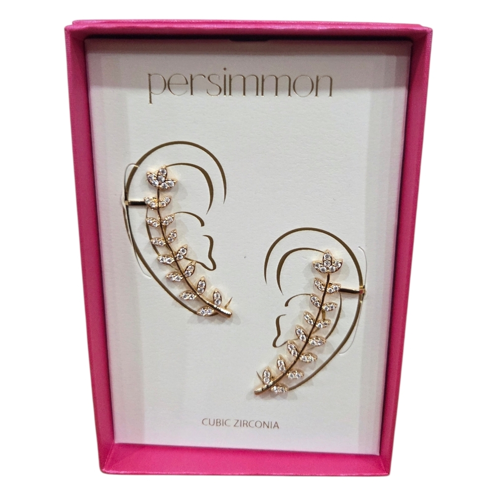 💛🔹️ Persimmon GoldTone Cubic Zirconia Vine Rhinestones Leaf  Earrings Cuffs
